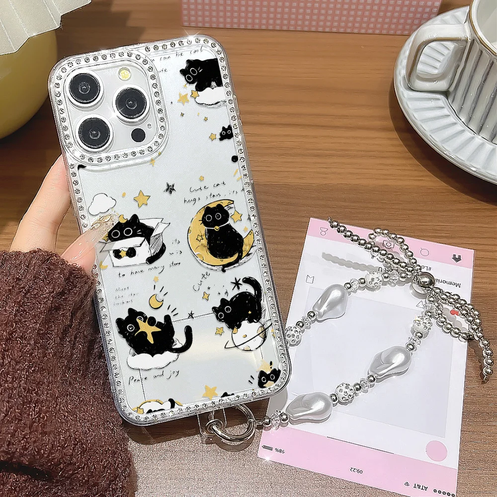 Lanyard Diamond Cat Handyhülle für iPhone 17 16 Pro Max 11 13 15 14 12 Air 17promax 16promax Transparente stoßfeste Abdeckung Funda