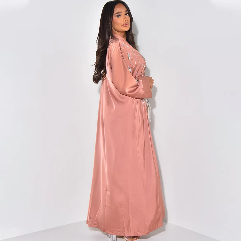 Dubai Satin Abaya für Frauen muslimische Diamanten Maxi kleid Kaftan Truthahn Robe Islam Jalabiya Eid Djellaba Kaftan Marocain Femme Kleid