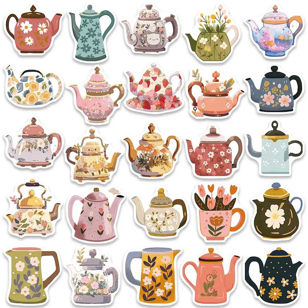 50pcs Cute Cartoon Fresh Flowers Teapot Stickers Vinyl Laptop Decals Luggage Guitar Phone Stationery Waterproof Graffiti