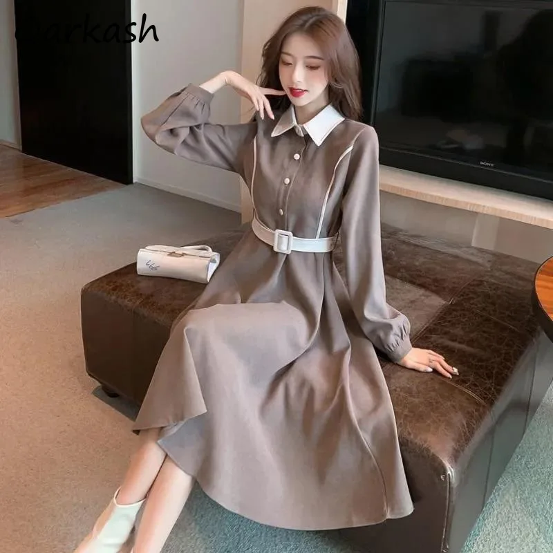 

Midi Long Sleeve Dresses Women Autumn Winter Thicken Fashion New Design Buttons Turn Dowm Collar Elegant OL Korean Chic Street