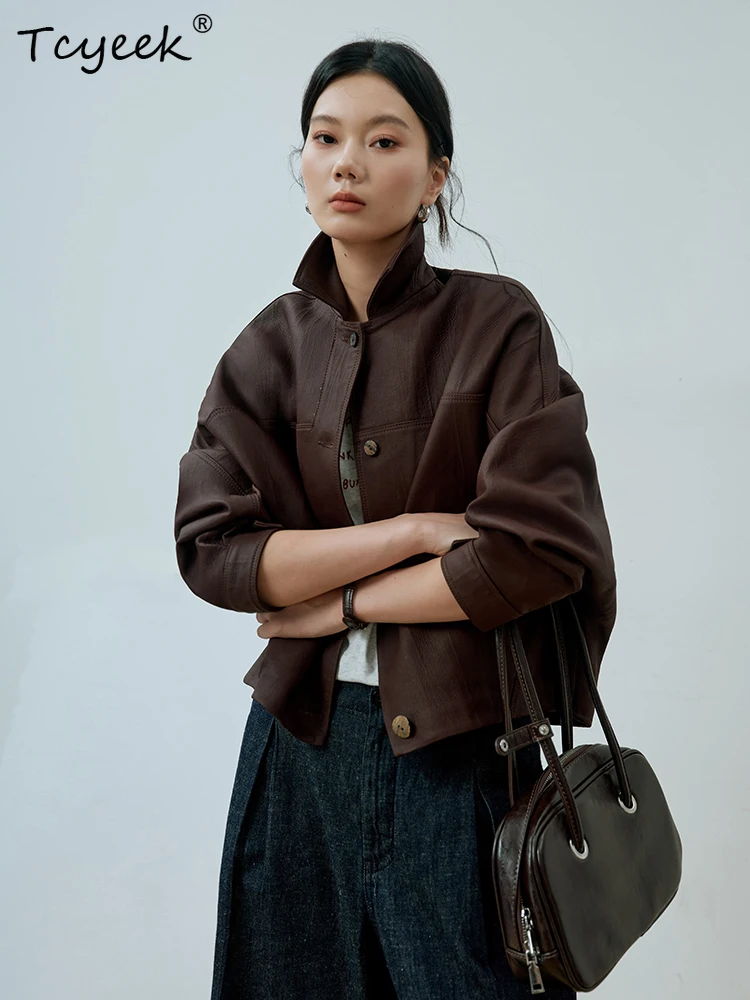 Tcyeek Schaffell Frühling Herbst High End Square Neck Braun Kaffee Fledermaus Ärmel Kurze frauen Aus Echtem Leder Jacke Jaqueta Couro