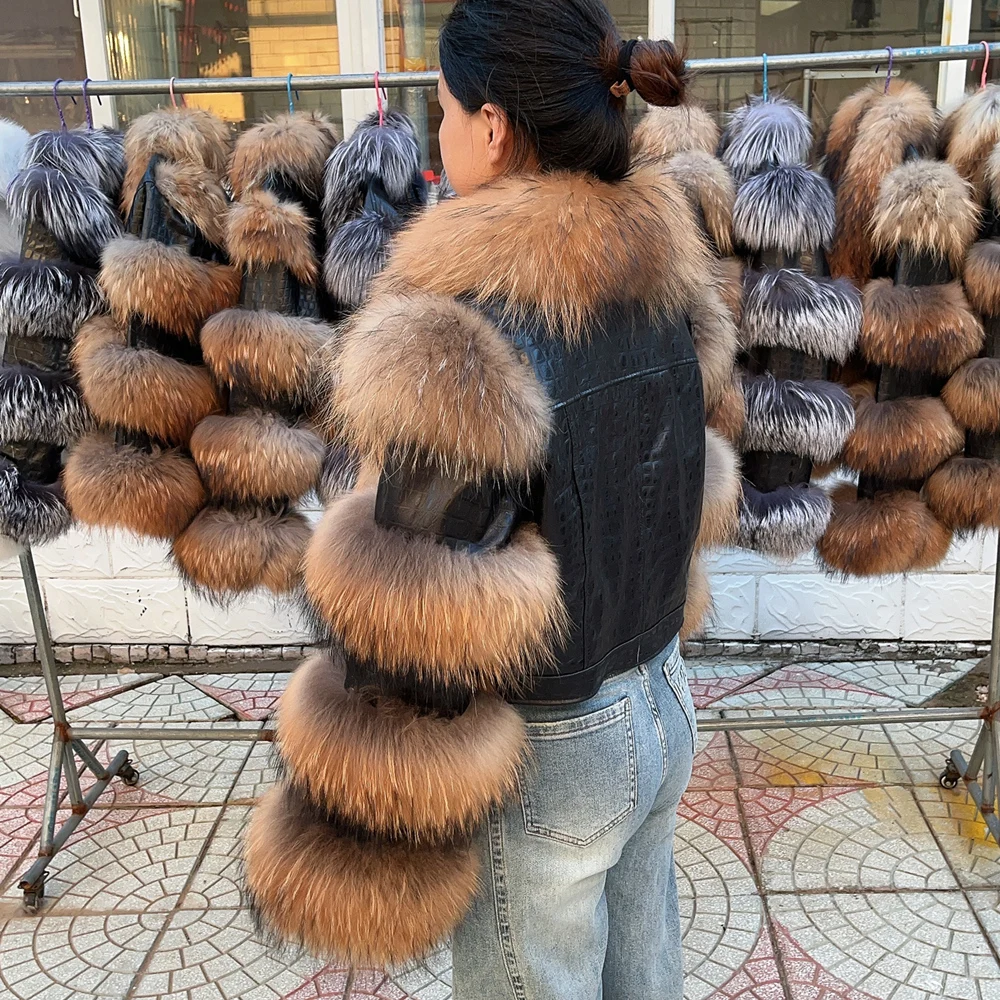 QUEENTINA 리얼 너구리 모피 코트 새로운 Outwears 겨울 여성 패션 럭셔리 자켓 악어 의류 천연 여우 모피 2024