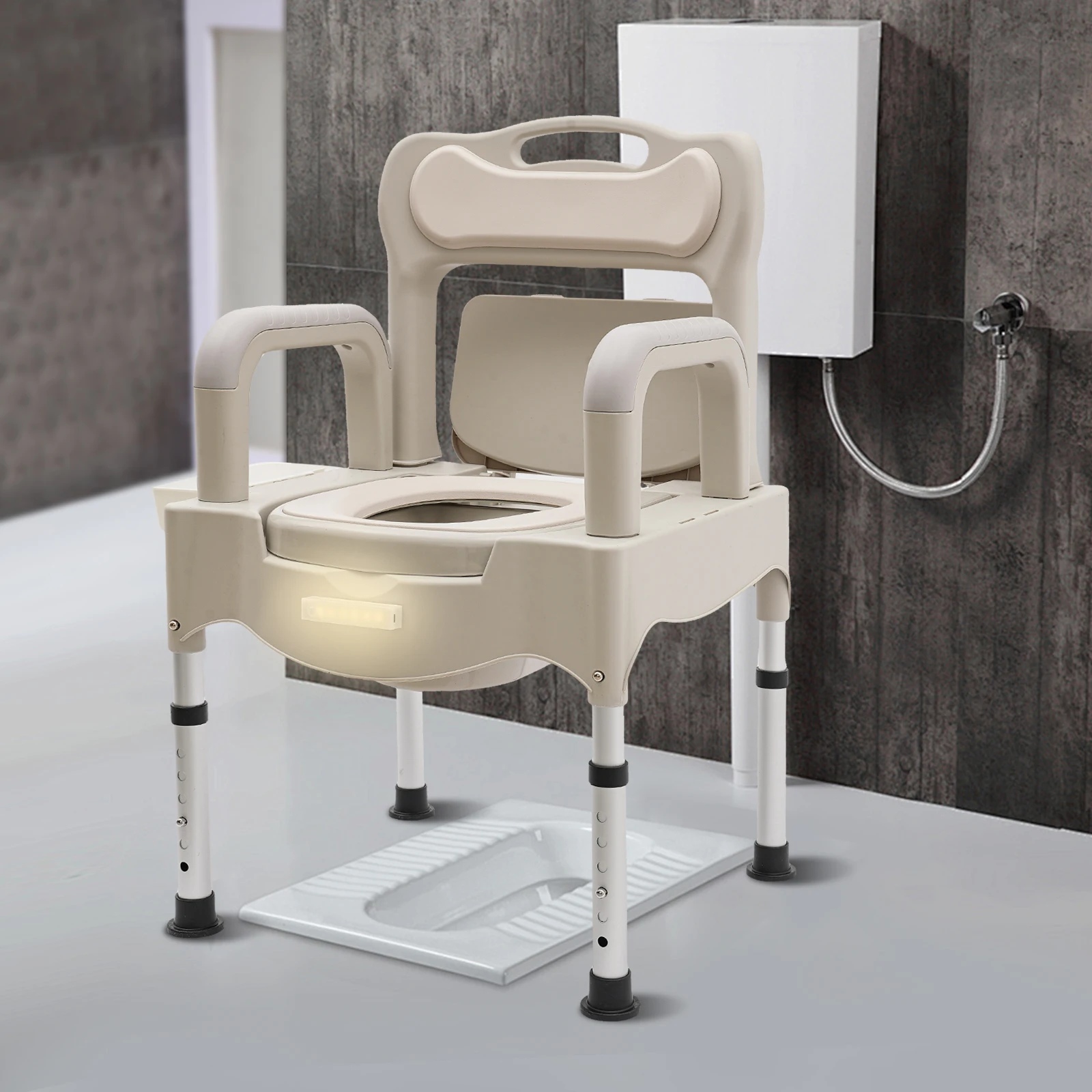 

Portable PP Toilet Chair Height Adjustable Floor Mount Bedside Commodes Chair with Night Light for Home Use