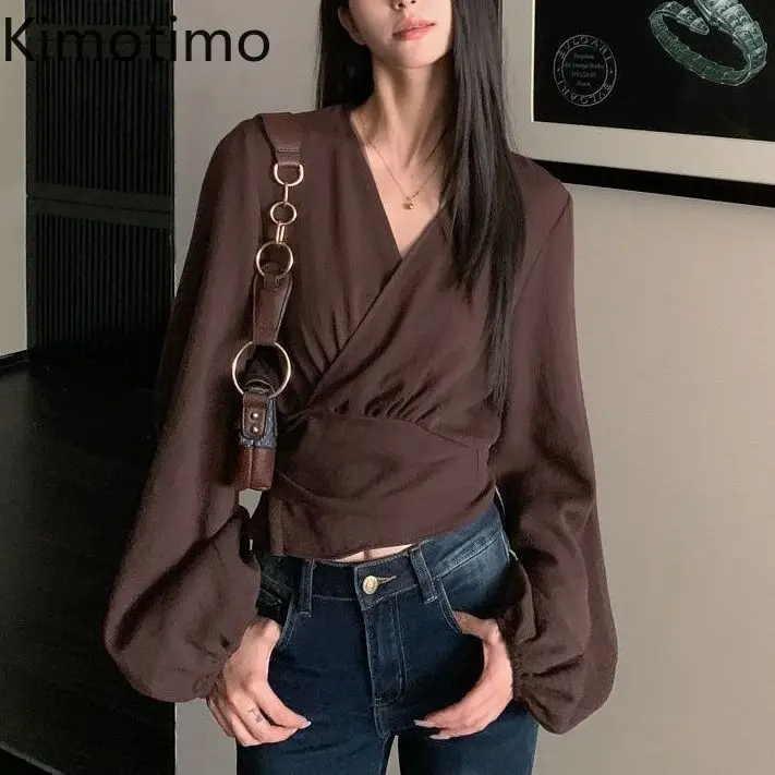 

Kimotimo Autumn New Shirt Women V Neck Long Sleeve Bandage Waist Short Tops Korean Temperament Simple Versatile Blouse Camisa