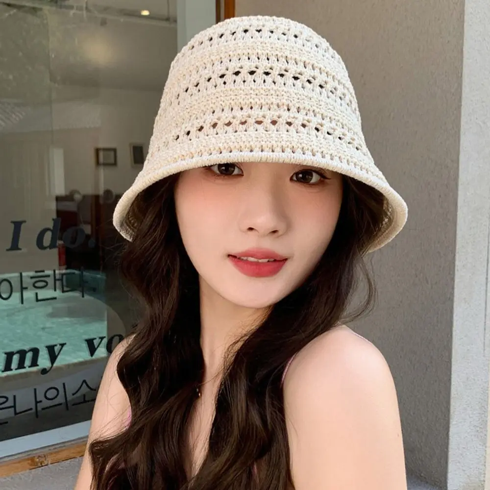 

Fashion Knitted Fisherman Hat Foldable Wide Brim Sun Hat Sun Protection Solid Color Hollow Beach Cap