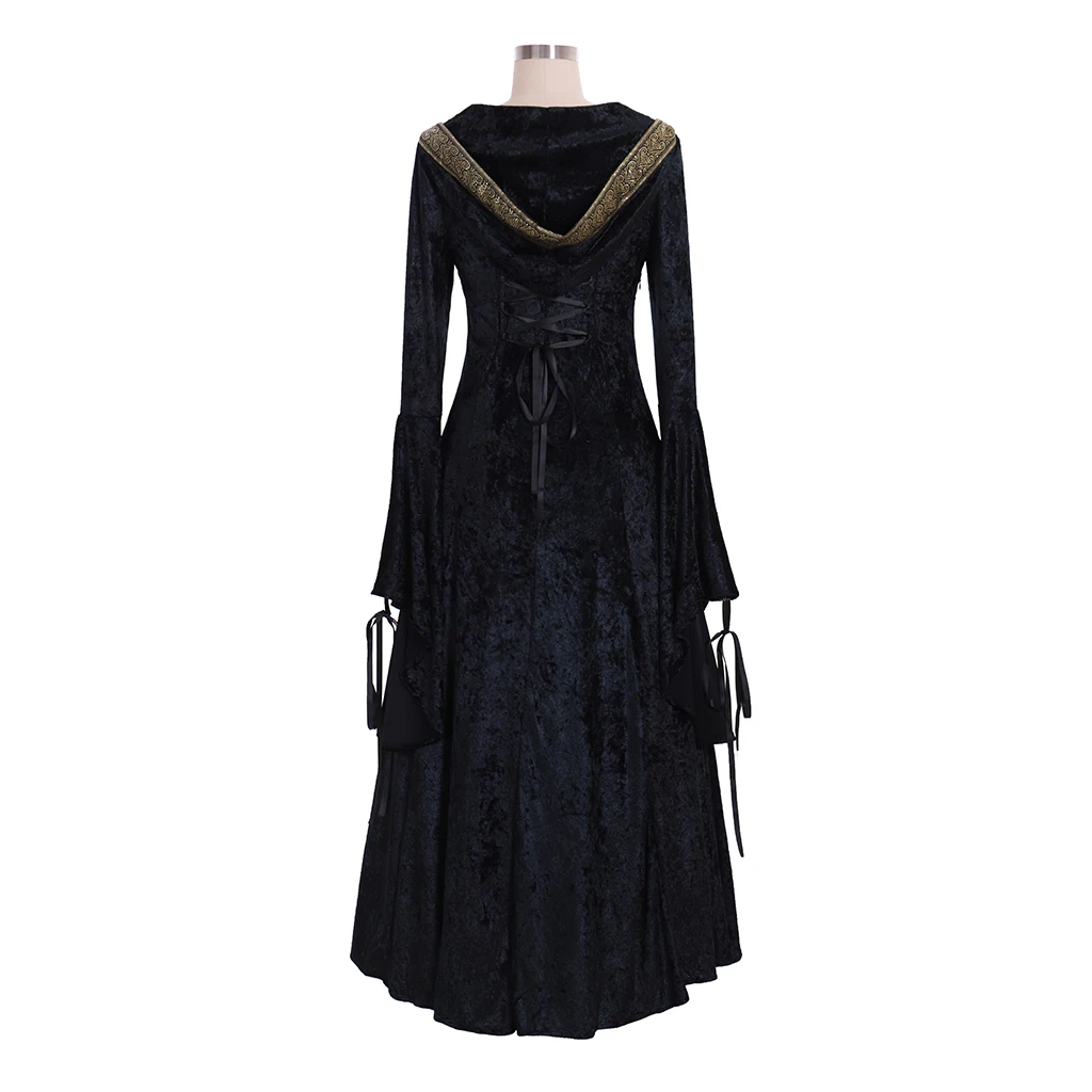 Women's Vintage Gothic Hooded Dress Medieval Renaissance Court Princess Ball Gown Cocktail Party Masquerade Witch Cosplay Outfit