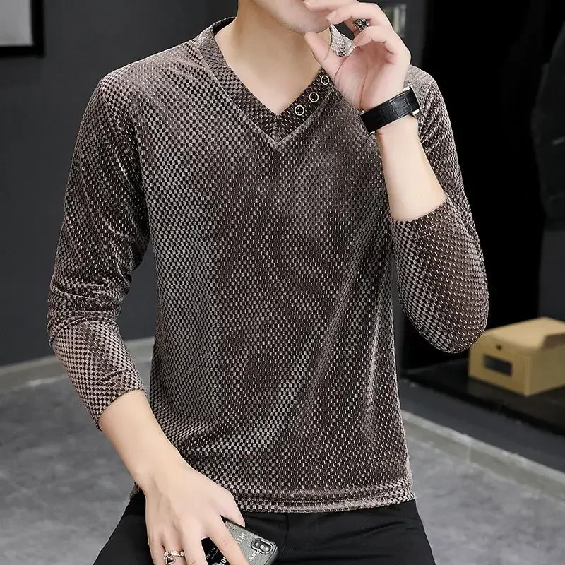 Male Clothes Black T Shirts for Men V Neck Tops Slim Fit Buttoned Tight Bulk Korean Autumn High Quality F Tee Long Sleeve New A