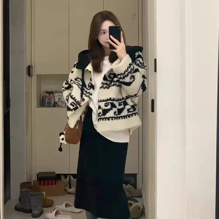 Frühling Herbst Lose Fit Mit Kapuze Mantel Polyester Faser Gelling Harz Färbung Pro 2025, Neue Stil frauen Verdickte Lamm Pelz weste