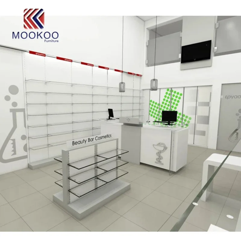 custom.Beauty Bar Cosmetics Factory Direct Sale Good Quality Pharmacy Display Counter Gondolas High Shelf
