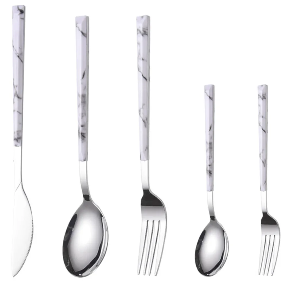 

5Pcs Stainless Steel Cutlery Set Luxury Marble Flatware Dining Tableware Knives Forks Spoons Rust Proof Modern Stylish Set