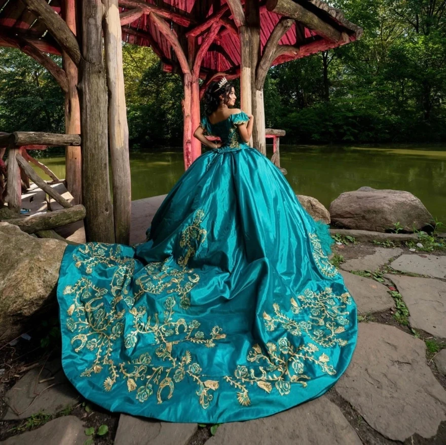 Teal Princess Quinceanera fur ses, Tulle Appliques, Sweet, Ball Gown, Off The Initiated, Mexican, 16, 15 Ans