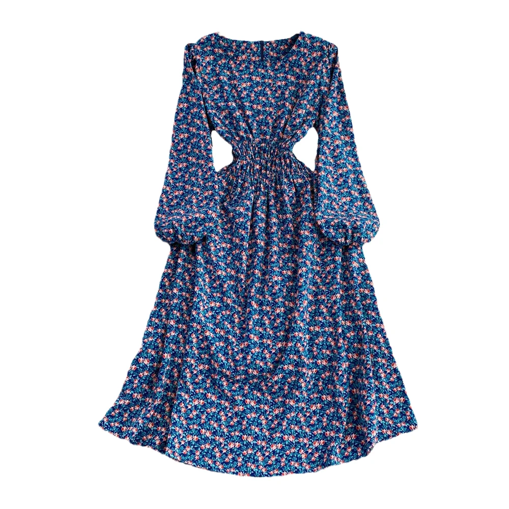 Vestido Floral Dulce con Corte en A, E Cuello Redondo, Manga Larga, Cintura Ajustada, Falda Midi de Cintura Alta, Esti...