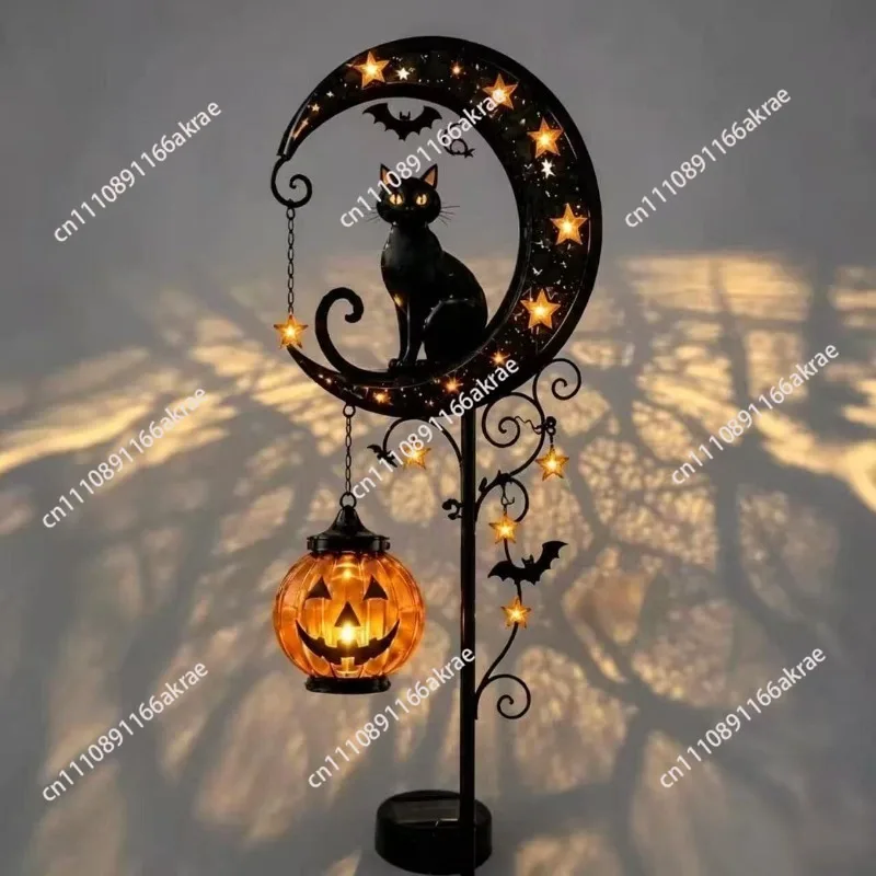 New solar Halloween pumpkin moon cat floor lamp garden light black cat decoration ornament