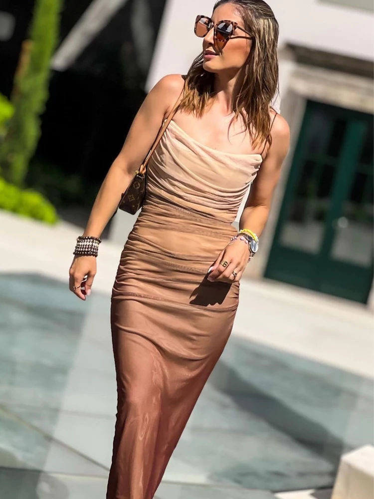 MUJER Womens Mesh Wrap Dress Tulle pleated Print dresses for Women 2025 Midi Casual Summer Female bodycon Slip Corset Dress