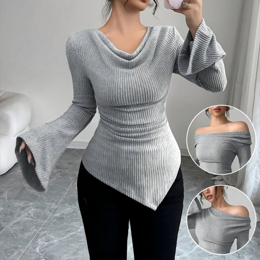 Women Ribbed Knit Sweater Cowl Neck Flare Long Sleeve Top Ruched Slim Fit Bodycon Slim Knitted Shirt Elegant Y2K Casual Blouse
