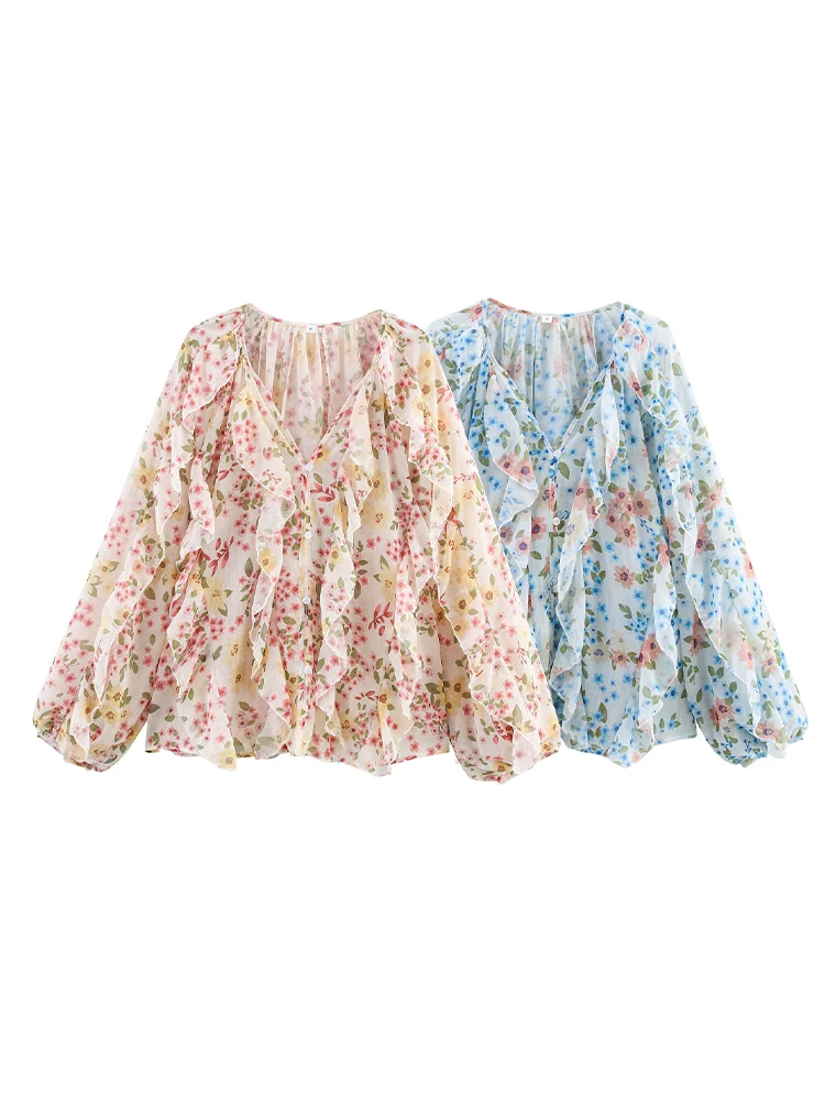 

European and American style Summer new products Women's versatile layered decoration fashion V-neck long-sleeved shirt