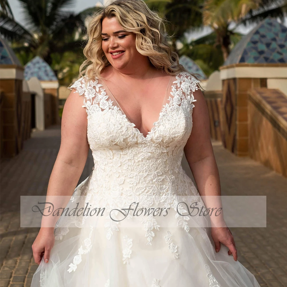 Elegant Wedding Dresses Plus Size Women 2023 V-Neck Cap Sleeves Bride Gowns With Applique A-Line Sweep Train فستان حفلات الزفاف