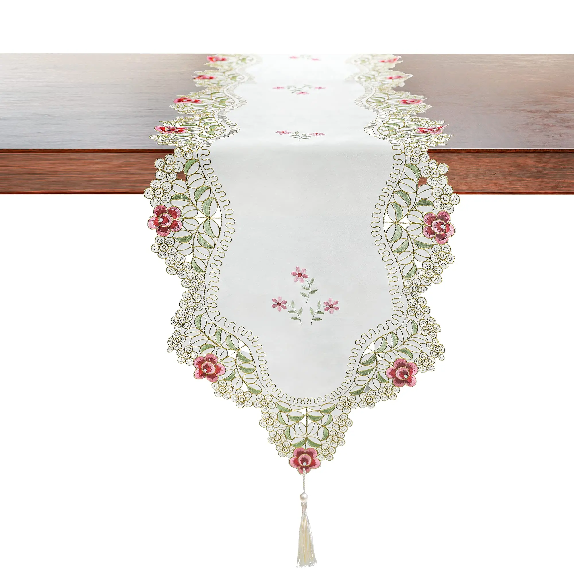 

Macrame Table Runner with Tassels, Farmhouse White Hollow Lace, Floral Embroidered Rectangle, Modern Table Runner