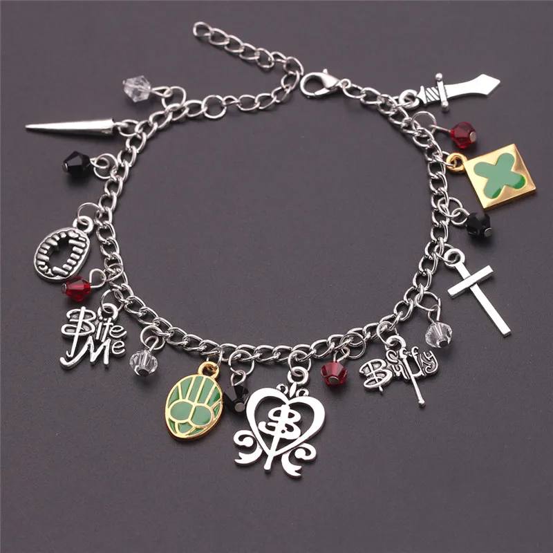 Bohemia Crystal Beads Bracelet Femme Buffy the Vampire Slayer Charm Bracelet Armband Sword Cross Bite Me Pulseira Biżuteria Prezent