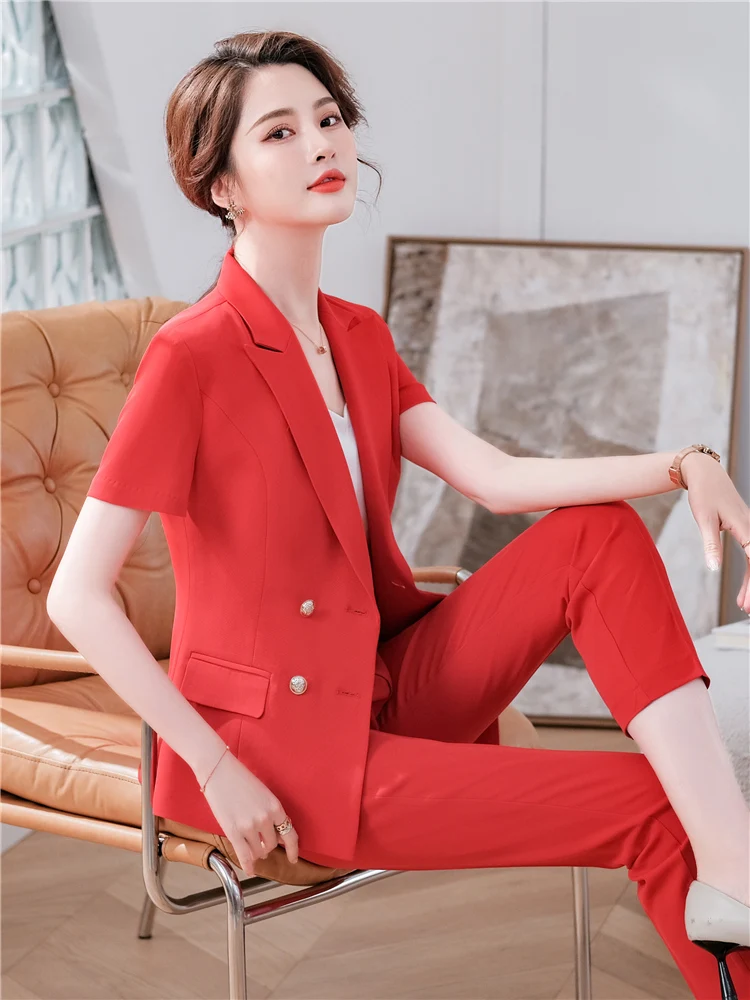 Red Pants Suit for Women Sexy V-Neck Belt Short Sleeve Blazer Coat+Pants Trousers Female Office Suit 2 Pcs Sets 2024  Summer