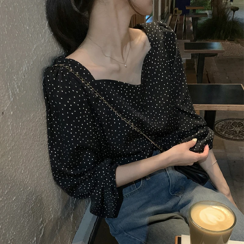 Korean Chic Autumn French Style Retro Square Collar off-Shoulder Contrast Color Polka Dot Design Loose Versatile Long Sleeve Shi