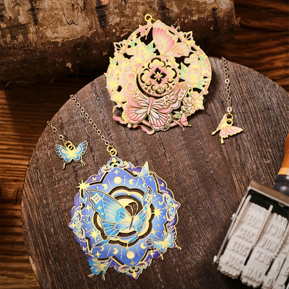 Bronzing Butterfly Metal Book Colorful Clip Bookmark With Chain Heart Sun Floral Bookmark Reading Student School Office Supplies view 3