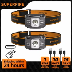 New SUPERFIRE Mini LED Headlamp USB-C Rechargeable Sensor Headlight Powerful Head Flashlight Torch For Camping, Fishing Lantern