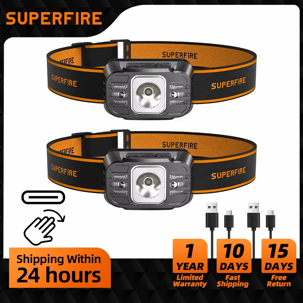 New SUPERFIRE Mini LED Headlamp USB-C Rechargeable Sensor Headlight Powerful Head Flashlight Torch For Camping, Fishing Lantern