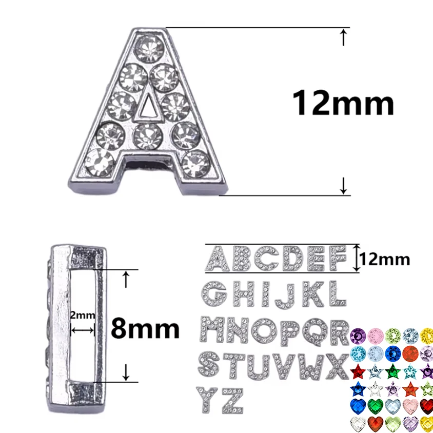 DIY 이니셜 레터 A-Z 슬라이드 참, 크리스탈 워드 영어 알파벳 브룩스 핏 벨트, 반려동물 목걸이 팔찌 쥬얼리, 8mm, 로트당 26 개