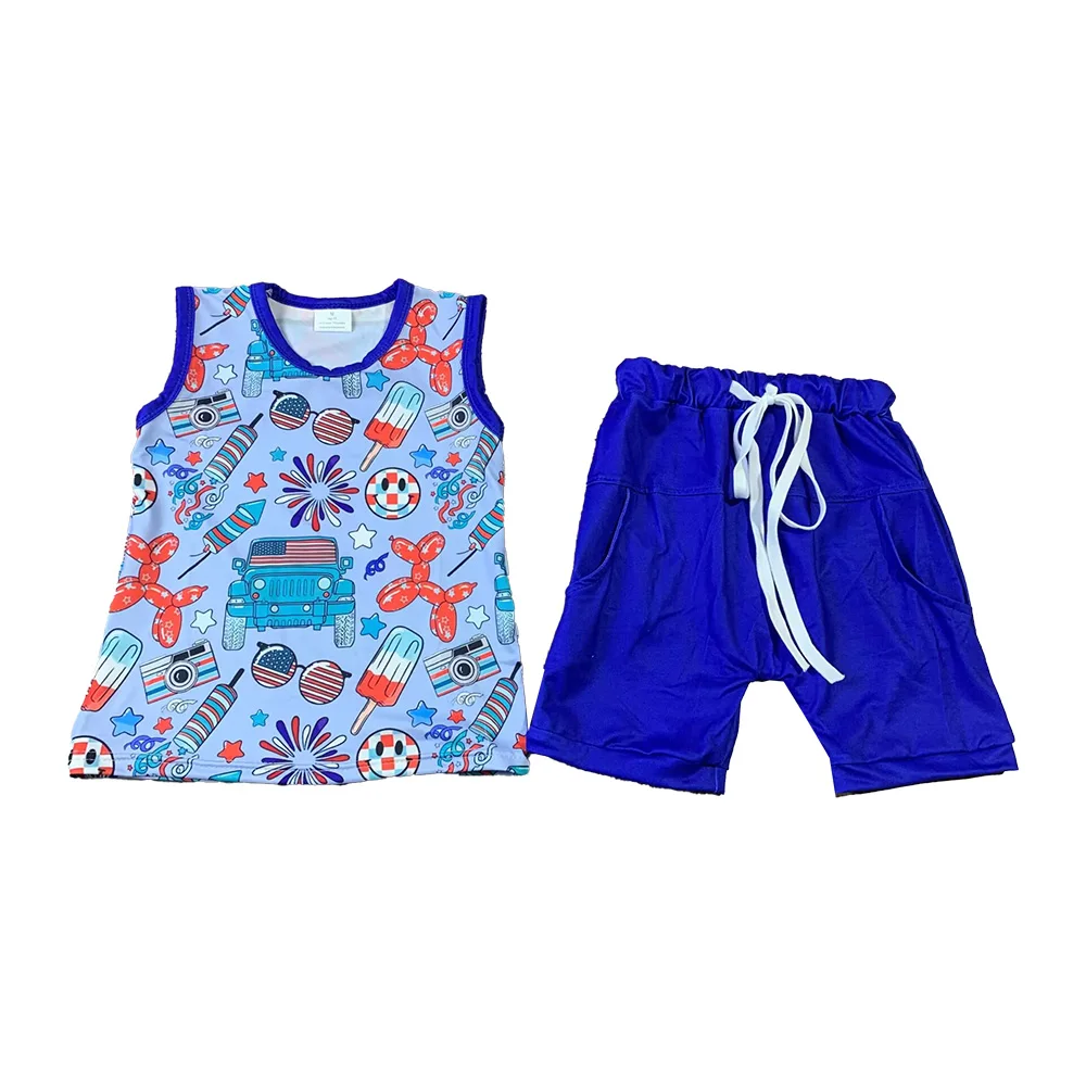 

New toddler boys tank top 4th of July clothing Popsicle smile face fireworks summer kids clothing boy shorts sets