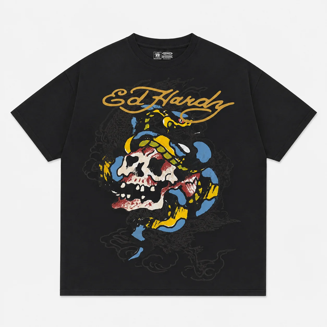 Ed Hardy Snake Coiled Blood Skull Dragon Cloud Outline Print T Shirt Unisex Loose Oversized Harajuku Streetwear Cotton Summer view 2