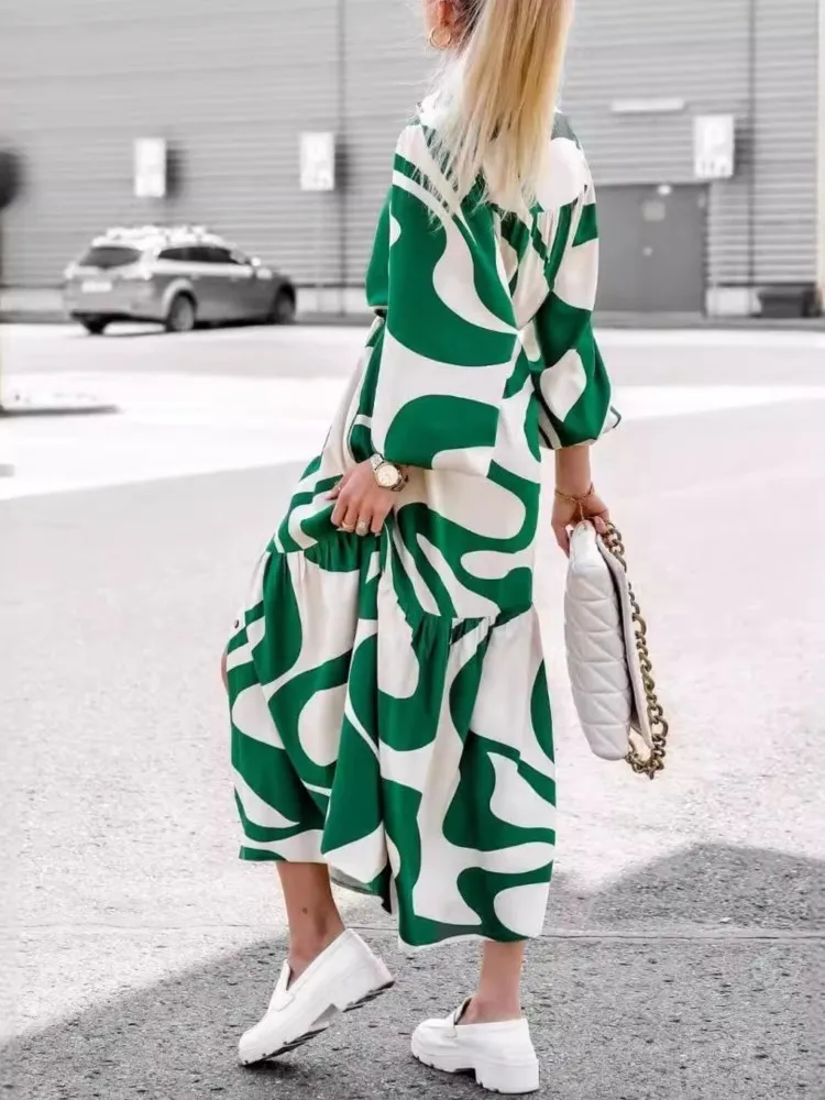 Woman's Casual Print Long Dress Autumn Female Fashion Turn-down Collar Long Sleeve Button Shirt Dresses Ladies Lace-up Vestido