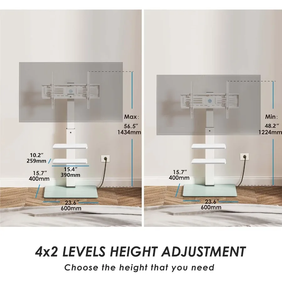 حامل تلفزيون طويل القامة لأجهزة التلفاز مقاس 3275 بوصة مع مخرج طاقة مدمج وقاعدة من الزجاج المقسى مثالية للاستخدام في غرفة النوم وغرفة المعيشة #5