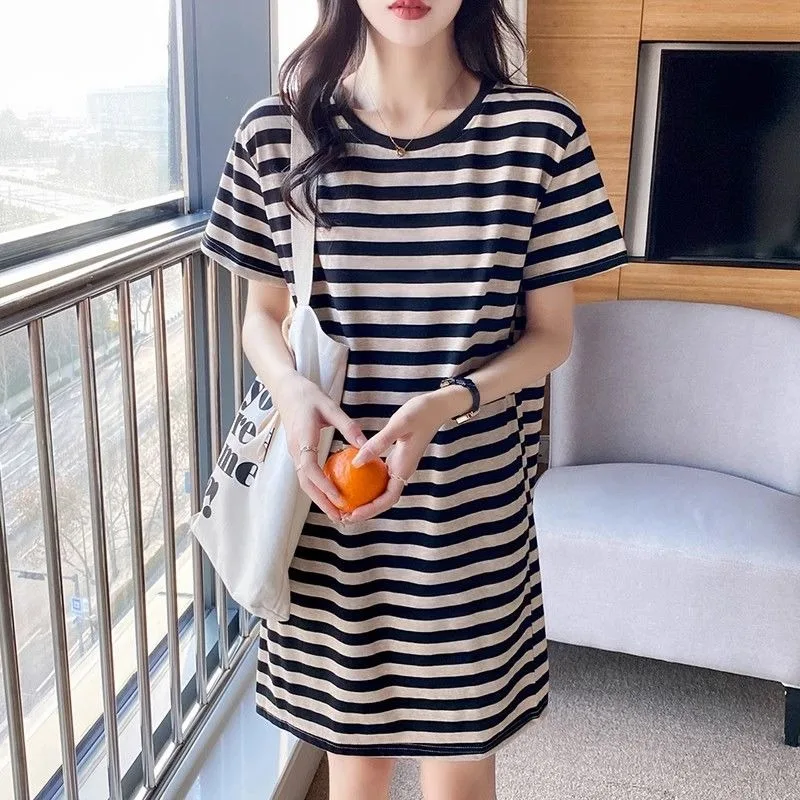 Purple Stripe T-shirt Dress Mid-length Style Straight Barrel Cover The Belly Dresses All-in-one Leisure Short Sleeve Female