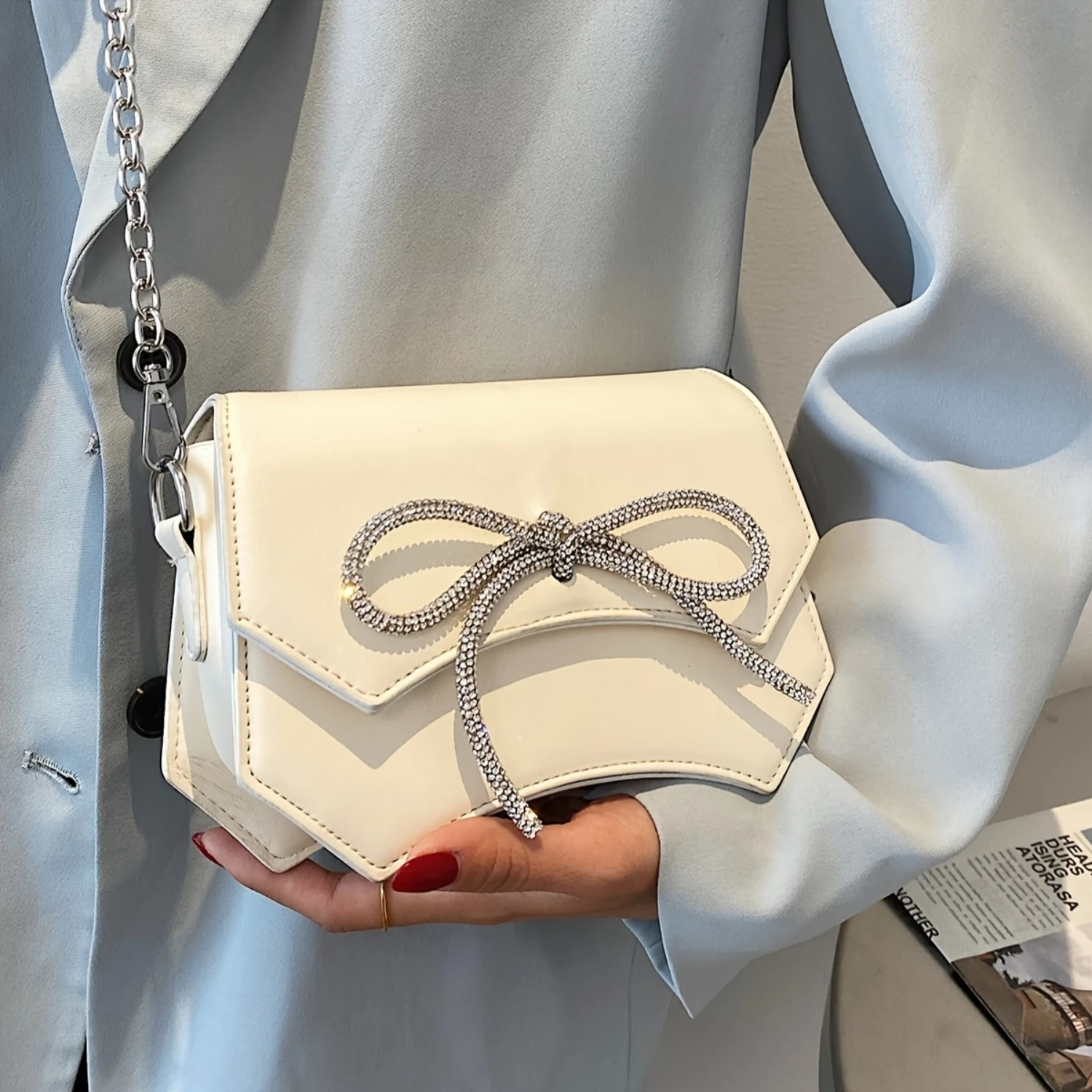 Mini bolso cruzado con cadena, bolso de noche con lazo de diamantes de imitación, bolso de hombro de lujo para mujer, perfecto para carnaval Mardi Gras Musi