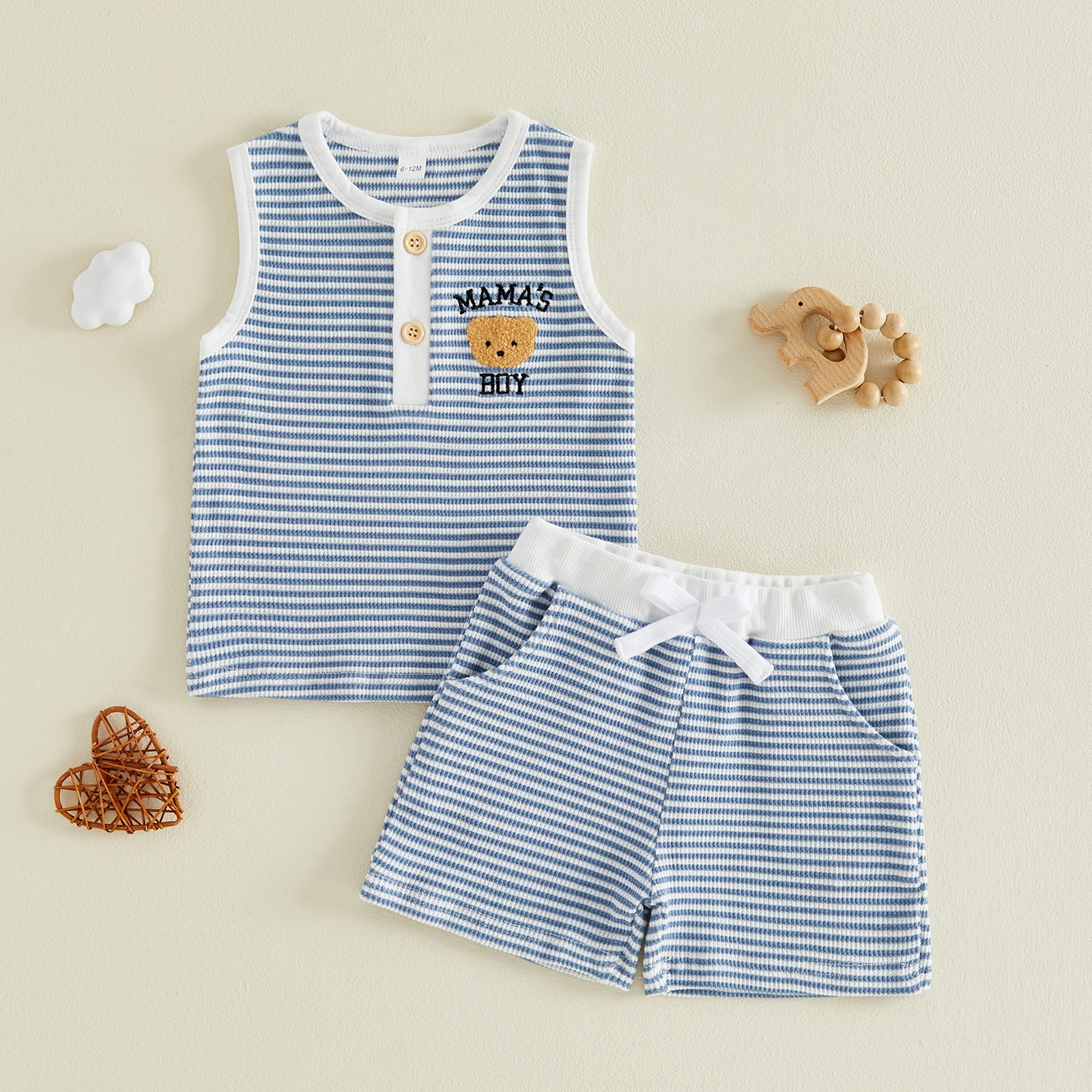 

Toddler Baby Boys Summer Outfit Casual Sleeveless Bear Embroidery Striped Vest Tops with Shorts 2Pcs Set Infant Clothes