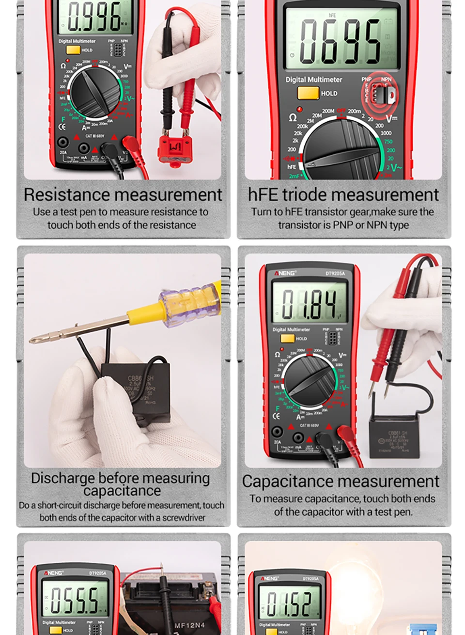 ANENG DT9205A Multifunktionales Digitalmultimeter mit 1999 Zählungen, Summer, Dioden- und Transistortest, Universalmessgerät für Elektriker – Detail 12