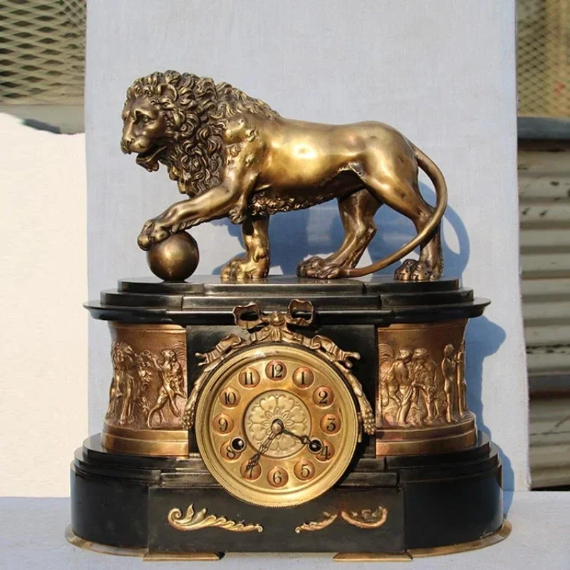 Gold Table Vintage Style Lion Statue Bronze Clock