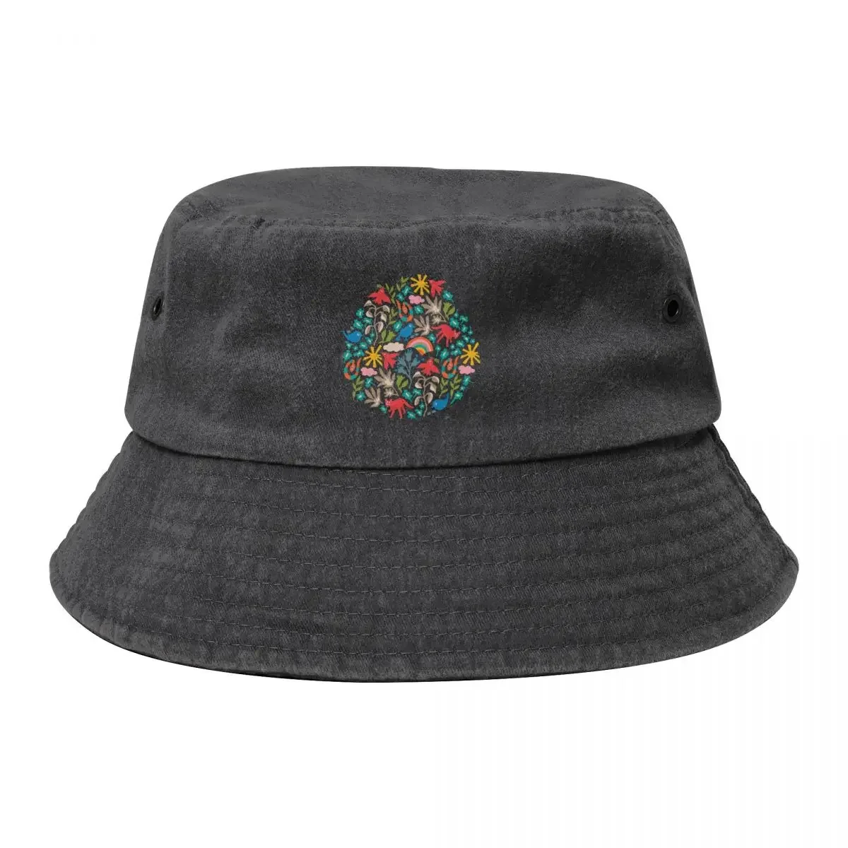 LAND OF PLENTY Cute Fun Eco Nature Pattern with Birds Animals Flowers Rainbow Sun Clouds in Bright Multi-Colours on D Bucket Hat