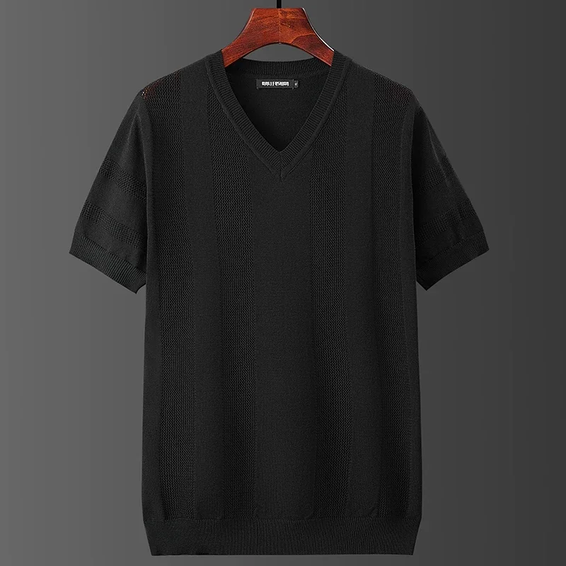 Hollow Out Knitwear V-Neck T Shirt For Men Short Sleeve Striped Summer Quality Viscose Blend Stretchy Casual Camisetas De Hombre