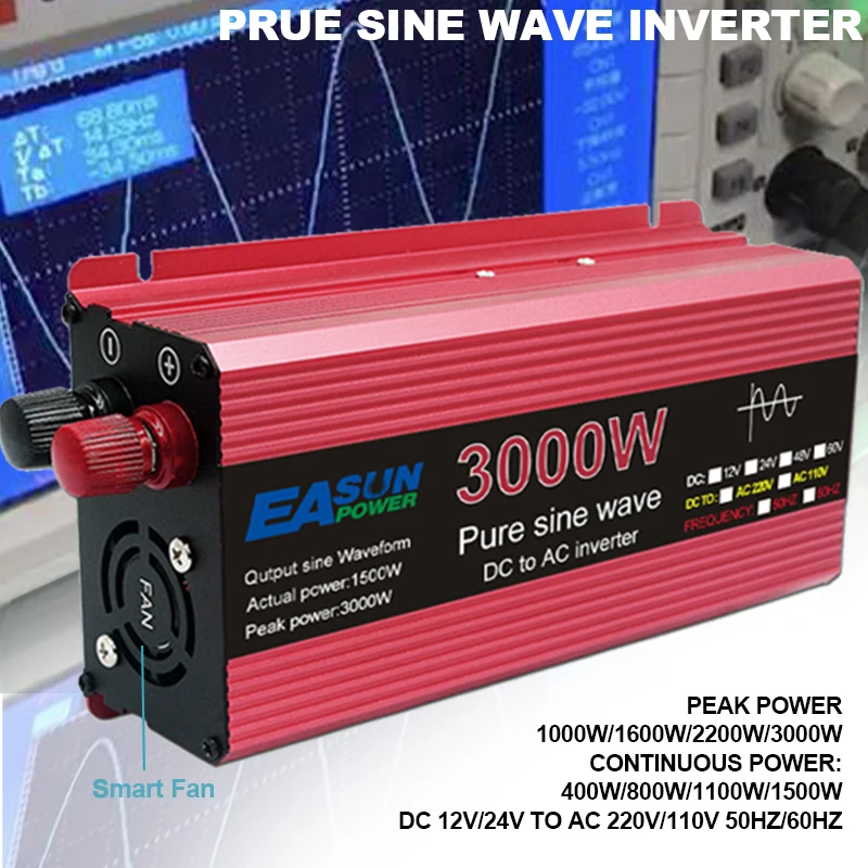 Easun Power Inverter Pure Sine Wave 12V DC to AC 220V Converter 3000w 2200w 1600w 1000w Stabilizer 24V Solar Inverter 50hz 60hz