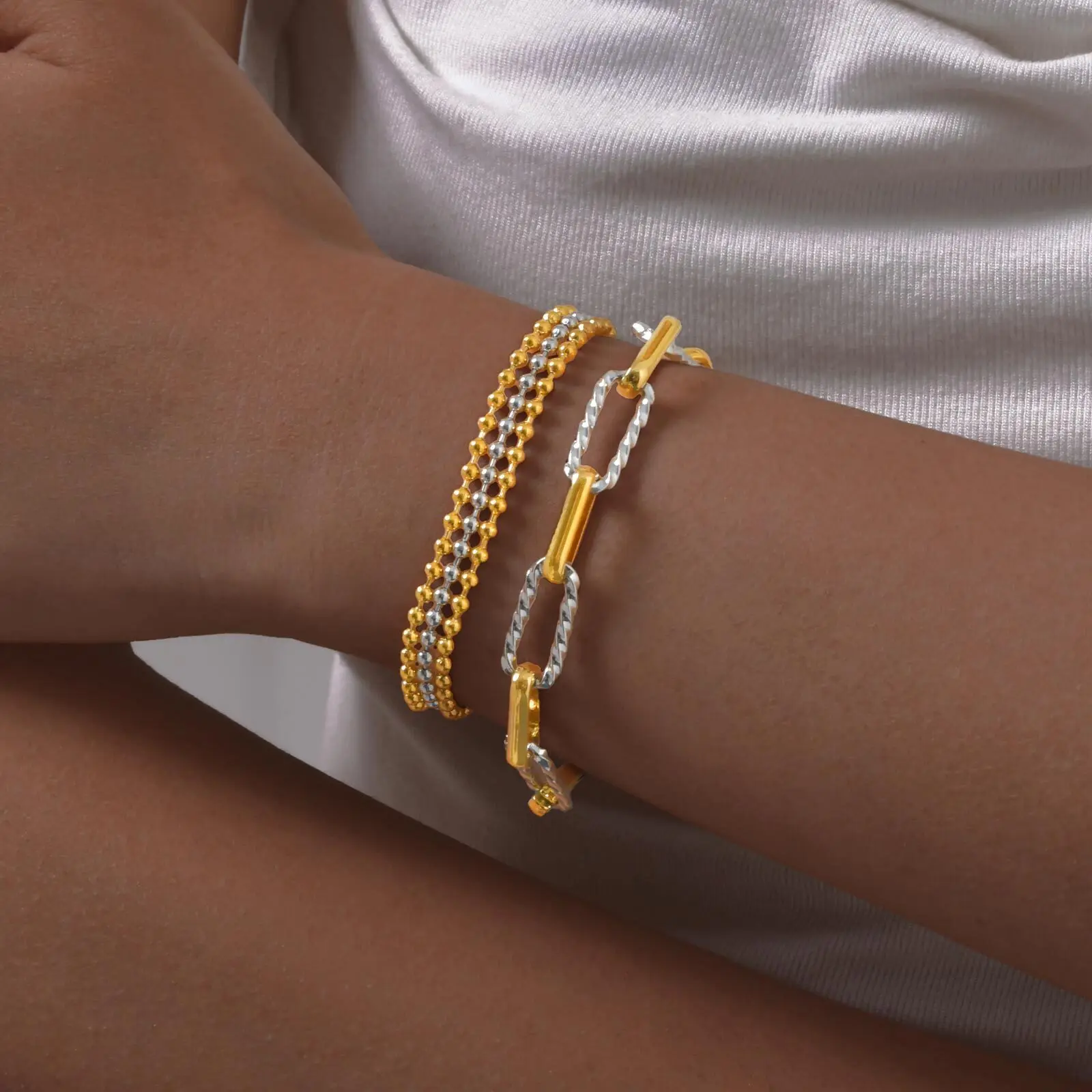 

18k Gold Plated Chain Layerd Two Tone Bracelet for Women, Adjustable Link Stainless Steel Waterproof Jewelry