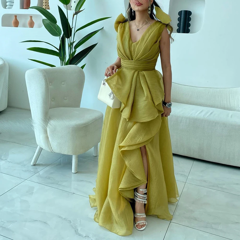

Customized Temperament V-Neck Front Slit Bow Evening Dress Modern Spaghetti Straps Tulle Pleats Photo Color Vestido De Festa