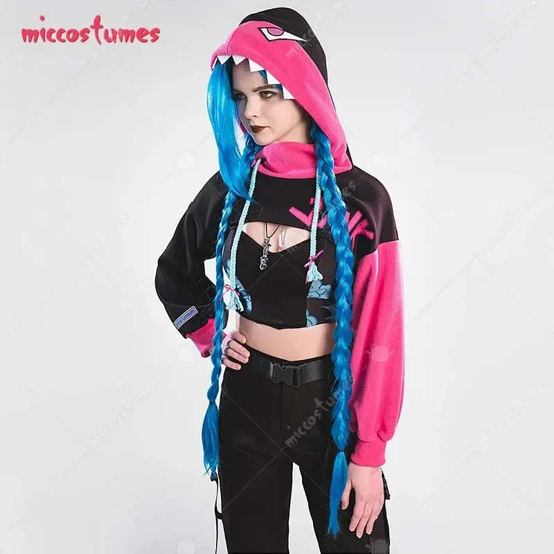 

25COSWomen's Hoodie and Vest Set Shark Shape Hooded Loose Sleeve Crop Top and Clouds Pattern Vest and Necklace