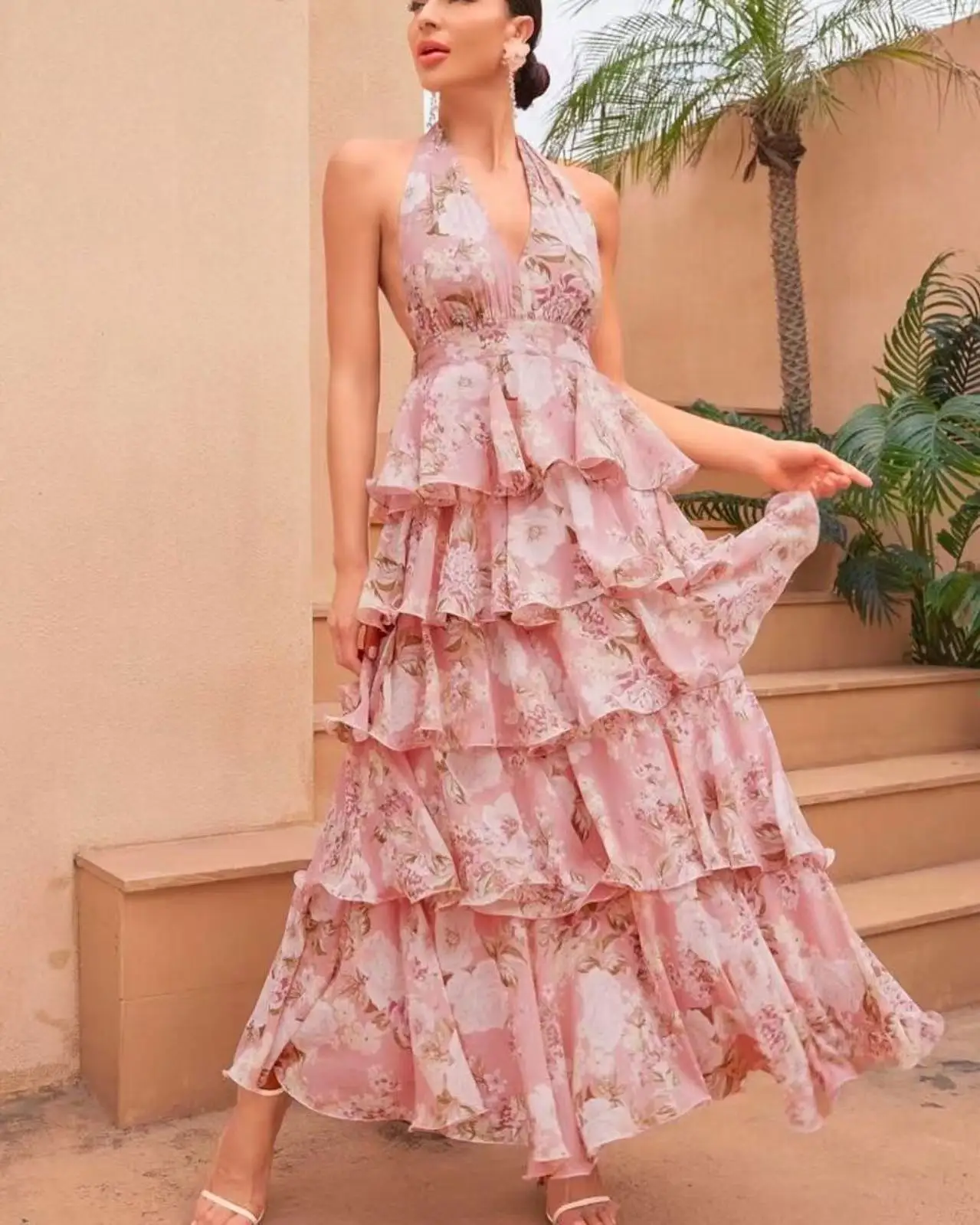 2025 verão novo sexy com decote em v cinta feminina vestido multi camada moda impressa feminino pendurado pescoço vestidos longos