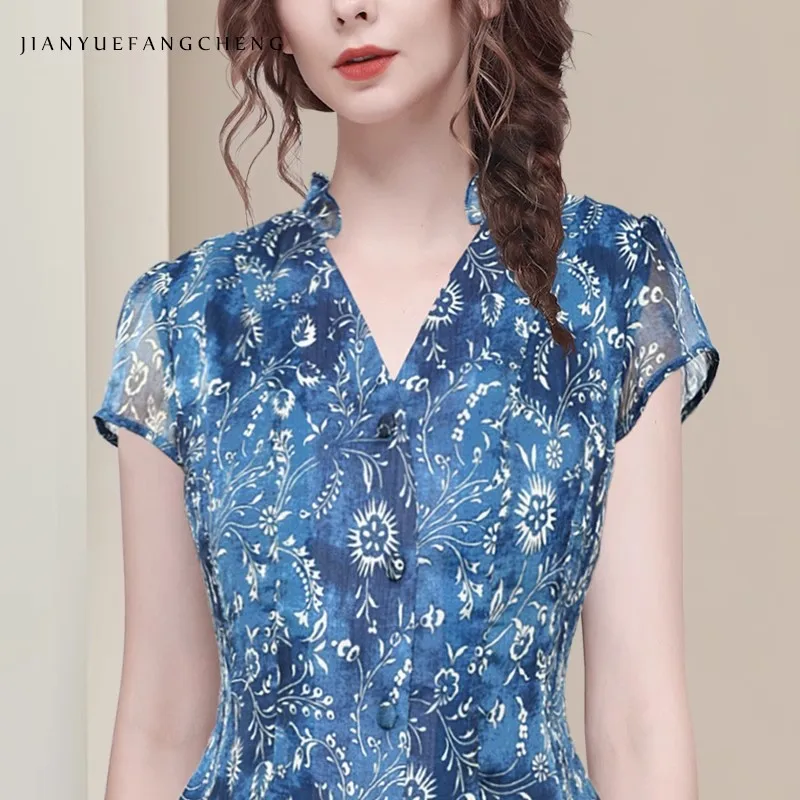 Moda floral plantas imprimir feminino manga curta com decote em v azul chiffon blusa topos para o verão vintage casual magro botão camisas