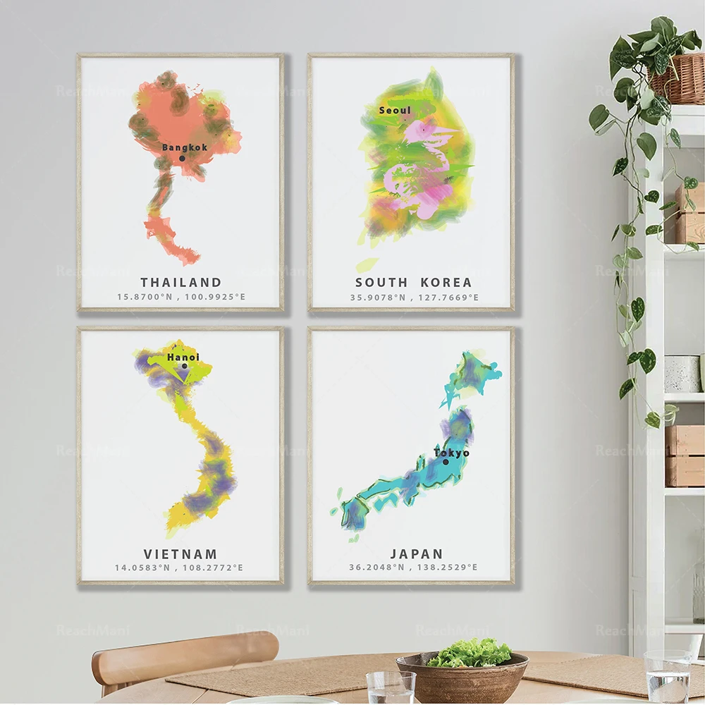 Vietnam, Japón, Corea, Tailandia, Impresiones de mapas a color, Mapa de carreteras, Póster artístico de pared con impresión de viaje, Regalo de boda, Póster de Asia