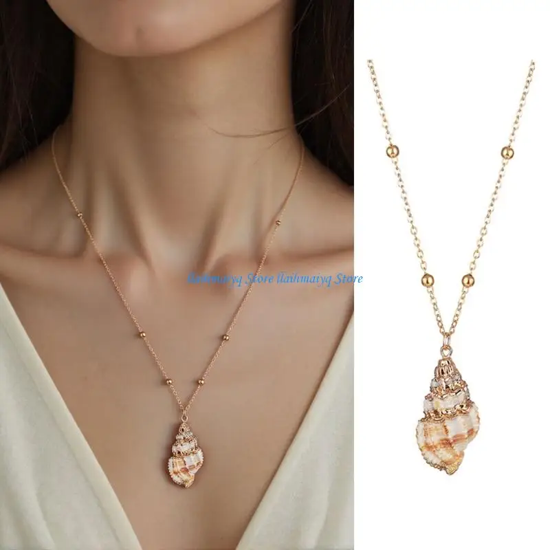 

573B Conch Shell Pendant Necklace Alloy Made Lightweight Beach Jewelry Accessories