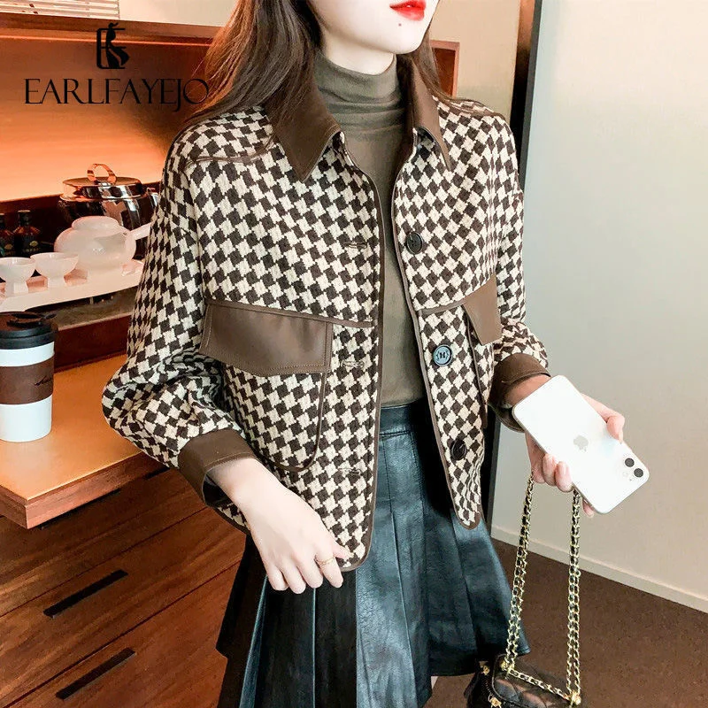 Xiaoxiangfeng Houndstooth Woolen Short Coat Women's 2023 Spring New All-Match Design Short Cardigan All-Match Top Slim Button W1