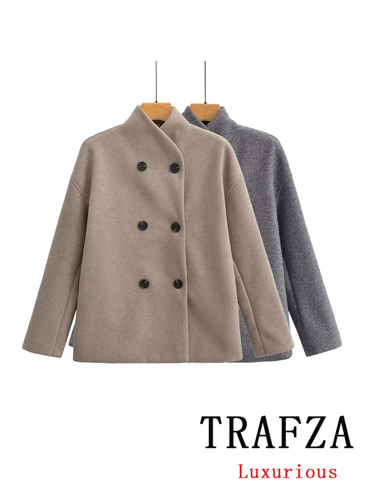 TRAFZA Casual Vintage Chic Women Overcoat Solid Long Sleeve Double Breasted Short Loose Coat Fashion 2024 Autumn Winter Coat